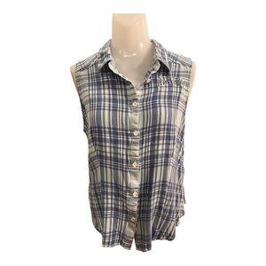 Harley-Davidson Faith Blue and White Plaid Sleeveless Button-Down Shirt size L